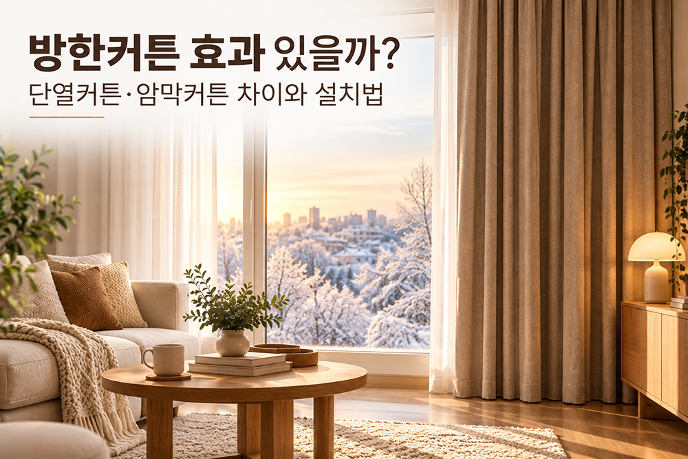 겨울철 따뜻한 거실에 베이지색 방한커튼을 설치한 모습으로, 단열커튼과 암막커튼의 차이 및 올바른 설치법을 소개하는 썸네일 이미지