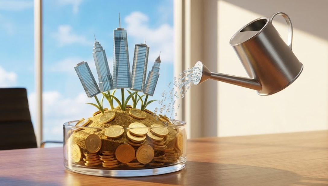 동전 위에서 자라나는 고층 빌딩 미니어처와 물뿌리개를 통해 소액으로 부동산에 투자하는 리츠 개념을 표현한 이미지