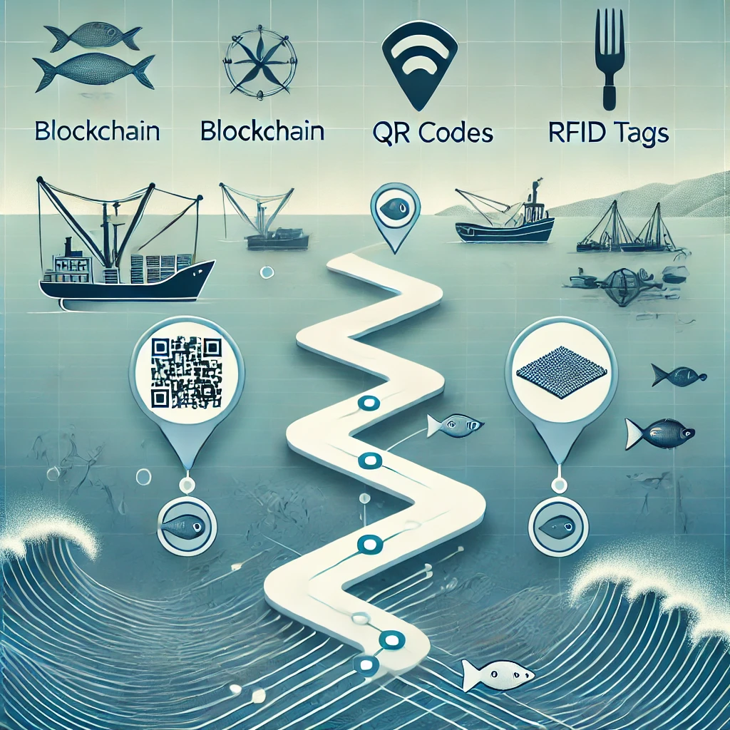 수산물의 어획부터 소비자까지의 투명한 유통 경로를 보여주는 일러스트. 블록체인, QR 코드, RFID 태그가 포함되어 이력 관리 시스템을 시각적으로 표현하며, 지속 가능한 어업과 투명성을 강조하는 이미지.