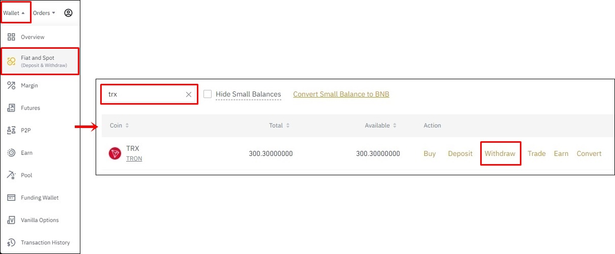 트론 지갑, 현물, 출금 버튼 클릭