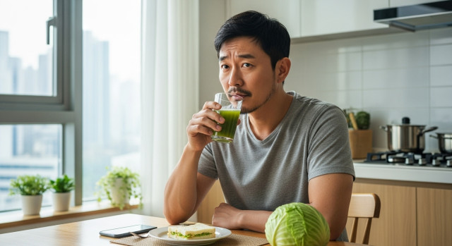 물 한 잔과 양배추즙 마시는 남성