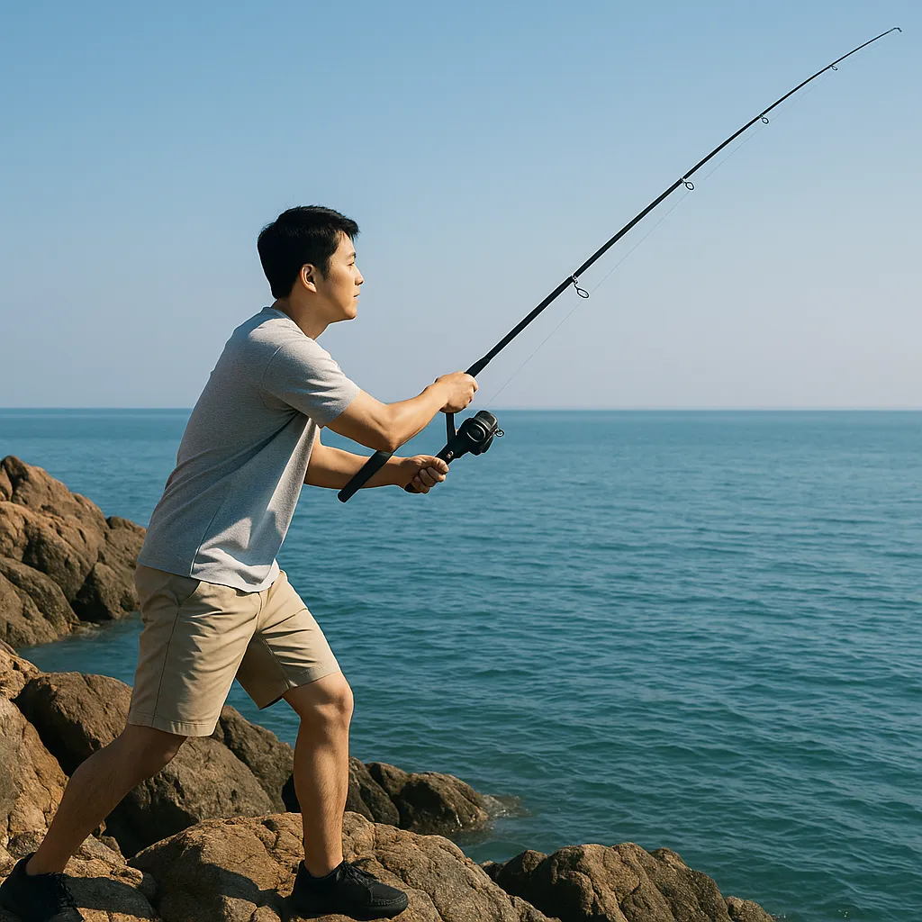 바위 해안에서 여름낚시하는 남성