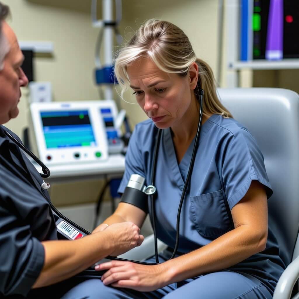 압 측정: 간호사가 환자의 혈압을 측정하는 모습, 환자가 긴장한 표정을 짓고 있는 장면