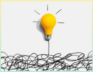 하나의 아이디어에서 나오는 복잡성을 표시한 이미지. 선이 꼬여있는 모습과 전구.