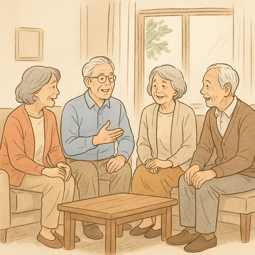 편안한 거실에서 담소를 나누는 한국인 노인 남녀 네 명의 따뜻한 삽화