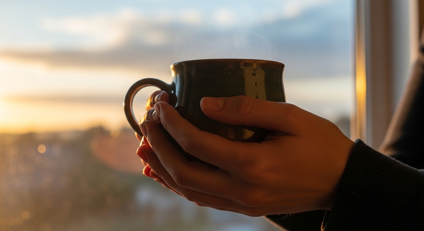 창밖의 맑은 하늘을 바라보며 따뜻한 차 한 잔으로 마음의 여유를 찾는 다정한 휴식의 순간