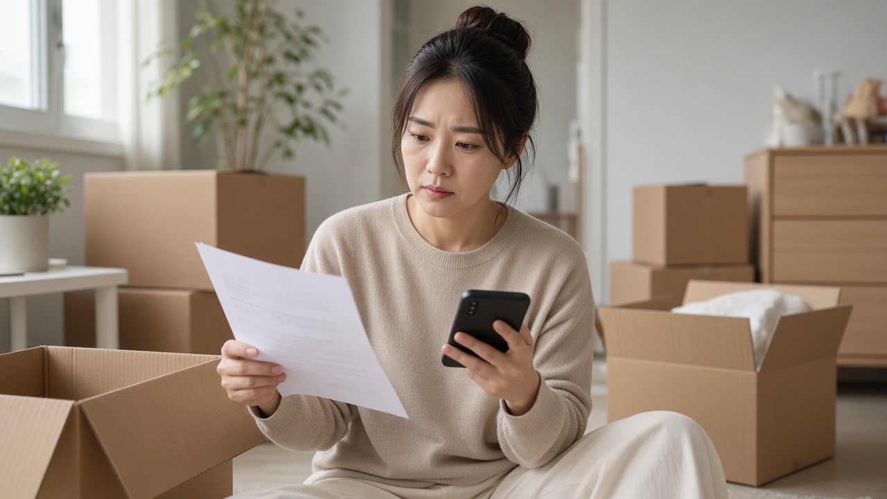이삿짐 상자가 쌓인 집에서 등기부등본 서류와 스마트폰 앱을 함께 확인하는 30대 한국인 여성