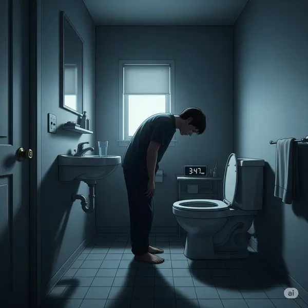 새벽 3시 47분, 졸린 눈으로 화장실 변기 앞에 서 있는 남성, 야간뇨로 인한 수면 방해 장면