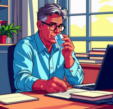 남자가 물을 마시고 있습니다.