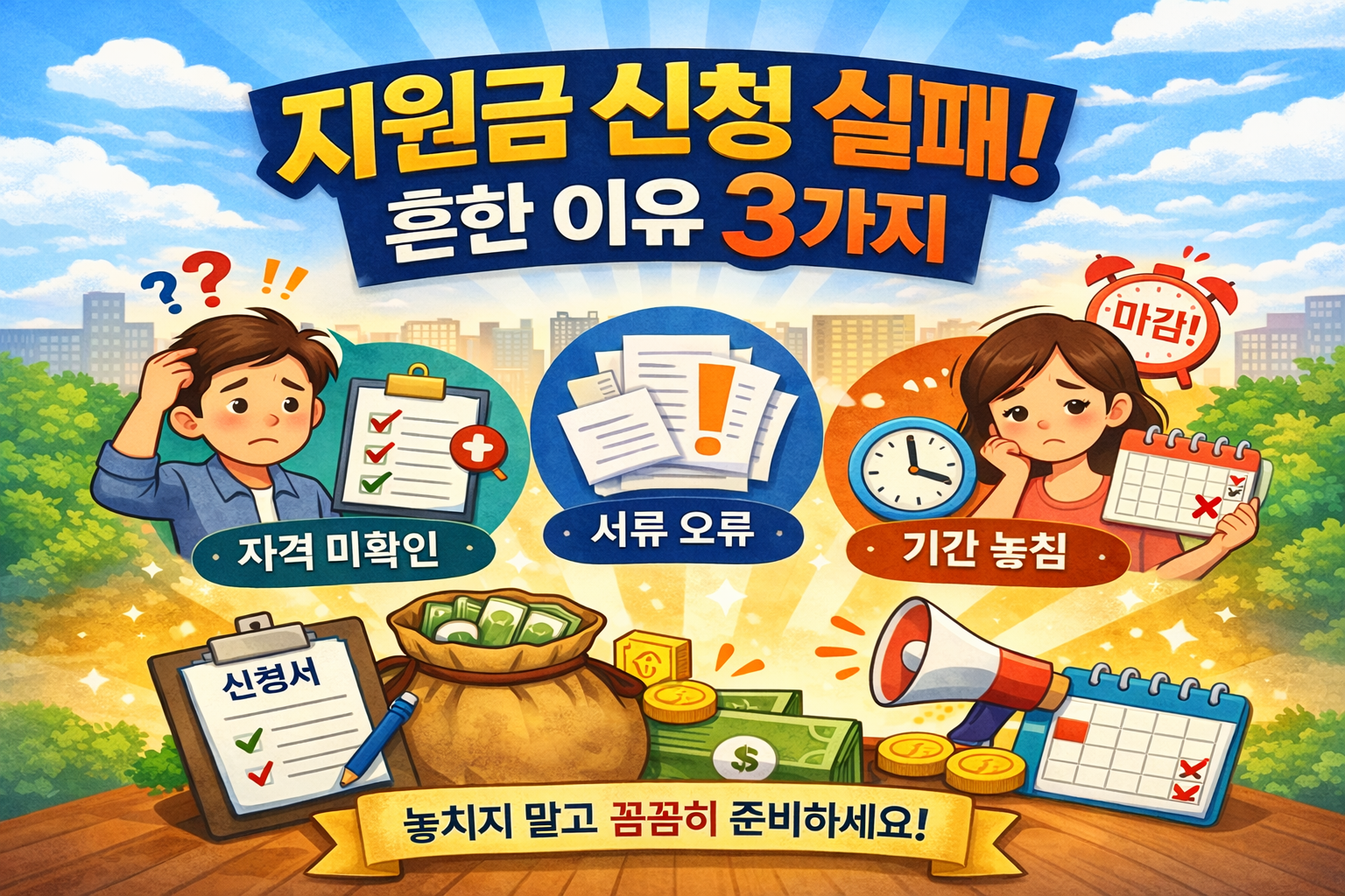 지원금 신청 실패하는 흔한 이유 3가지 자격 미확인 서류 오류 기간 놓침을 설명한 일러스트 썸네일 이미지