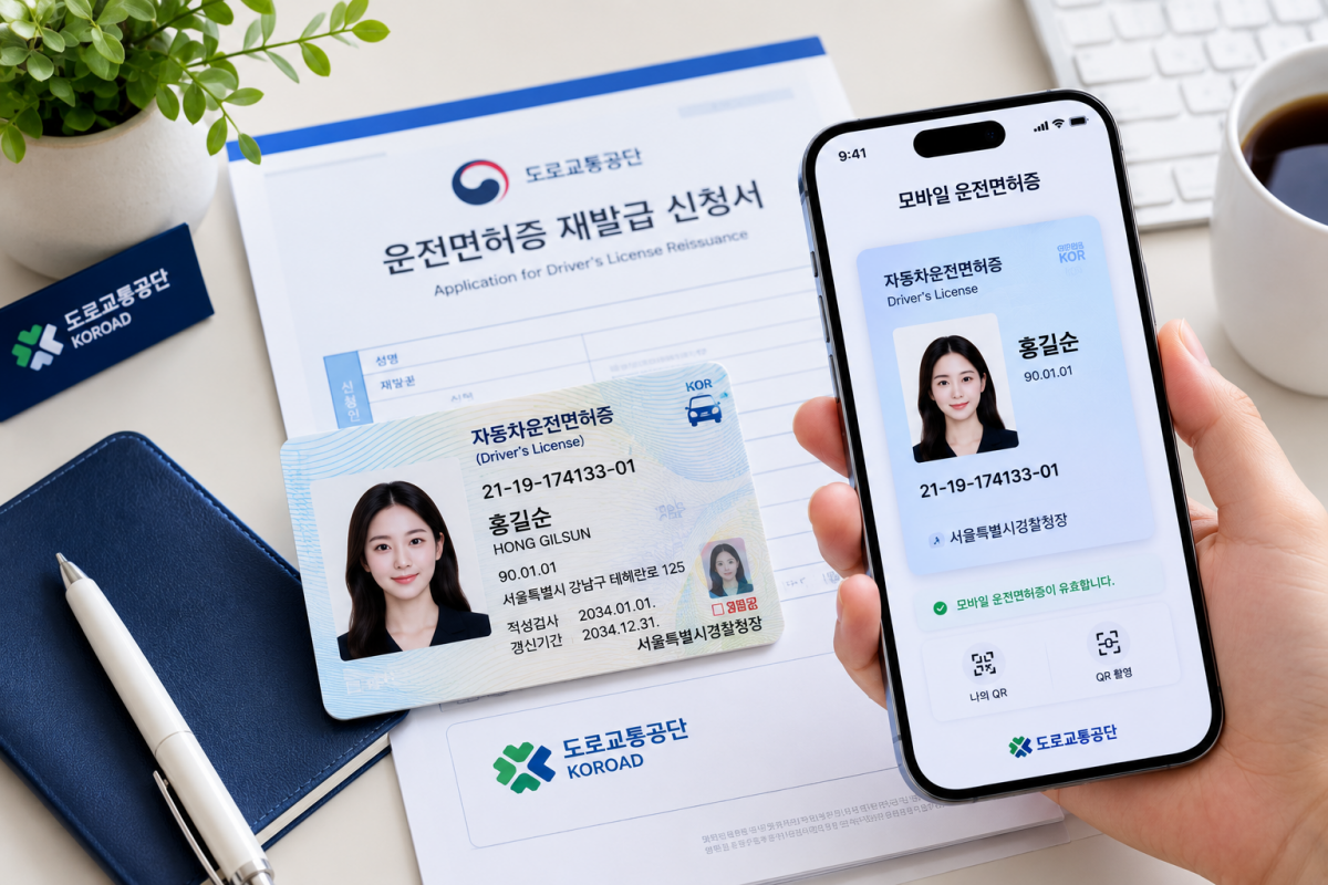 운전면허증 재발급 신청서와 실물 운전면허증 및 모바일 운전면허증