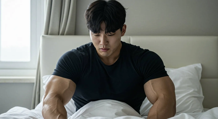 침대에서 자다 깬 남성 이미지