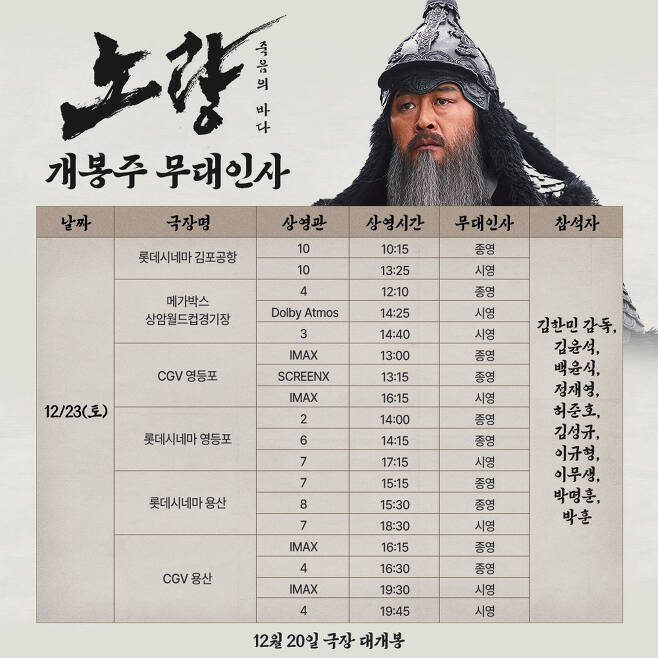 노량 : 죽음의 바다 개봉주 무대인사 일정 및 이벤트