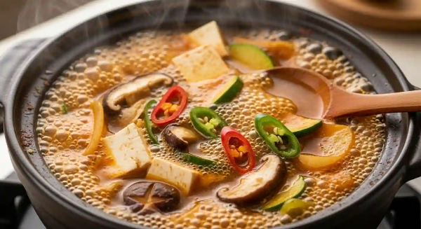 두부, 버섯, 고추가 들어 있는 청국장이 끓고 있는 모습