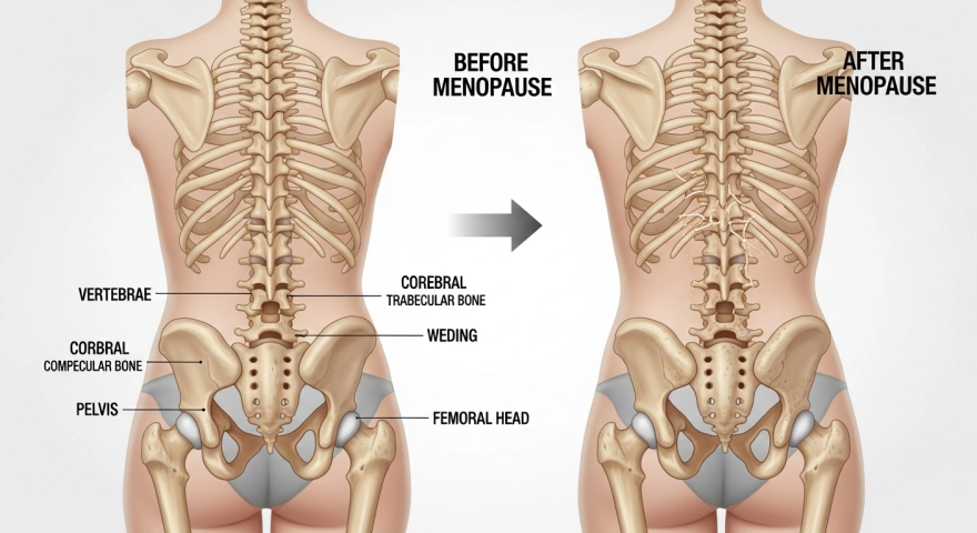 폐경 이후 골밀도 감소 과정 설명 일러스트