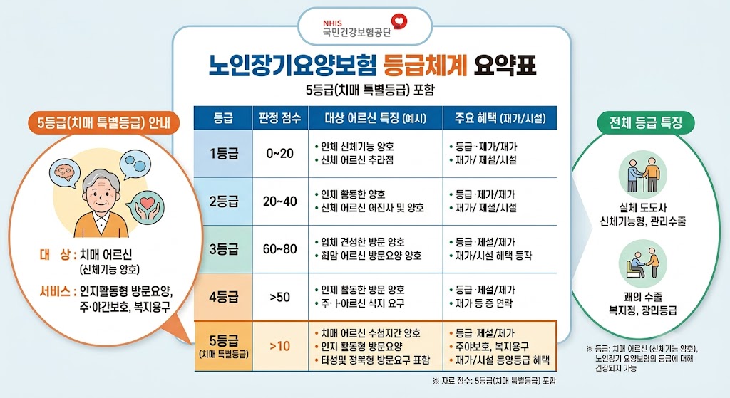 노인 장기 요양 보험 등급 체계 요약 표(5등급 치매 특별 등급)