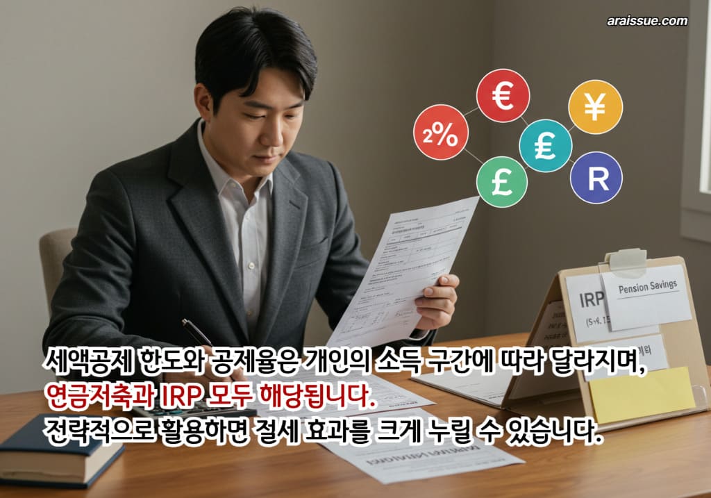 세액공제 한도와 공제율은 개인의 소득 구간에 따라 달라지며, 연금저축과 IRP 모두 해당됩니다. 전략적으로 활용하면 절세 효과를 크게 누릴 수 있습니다.