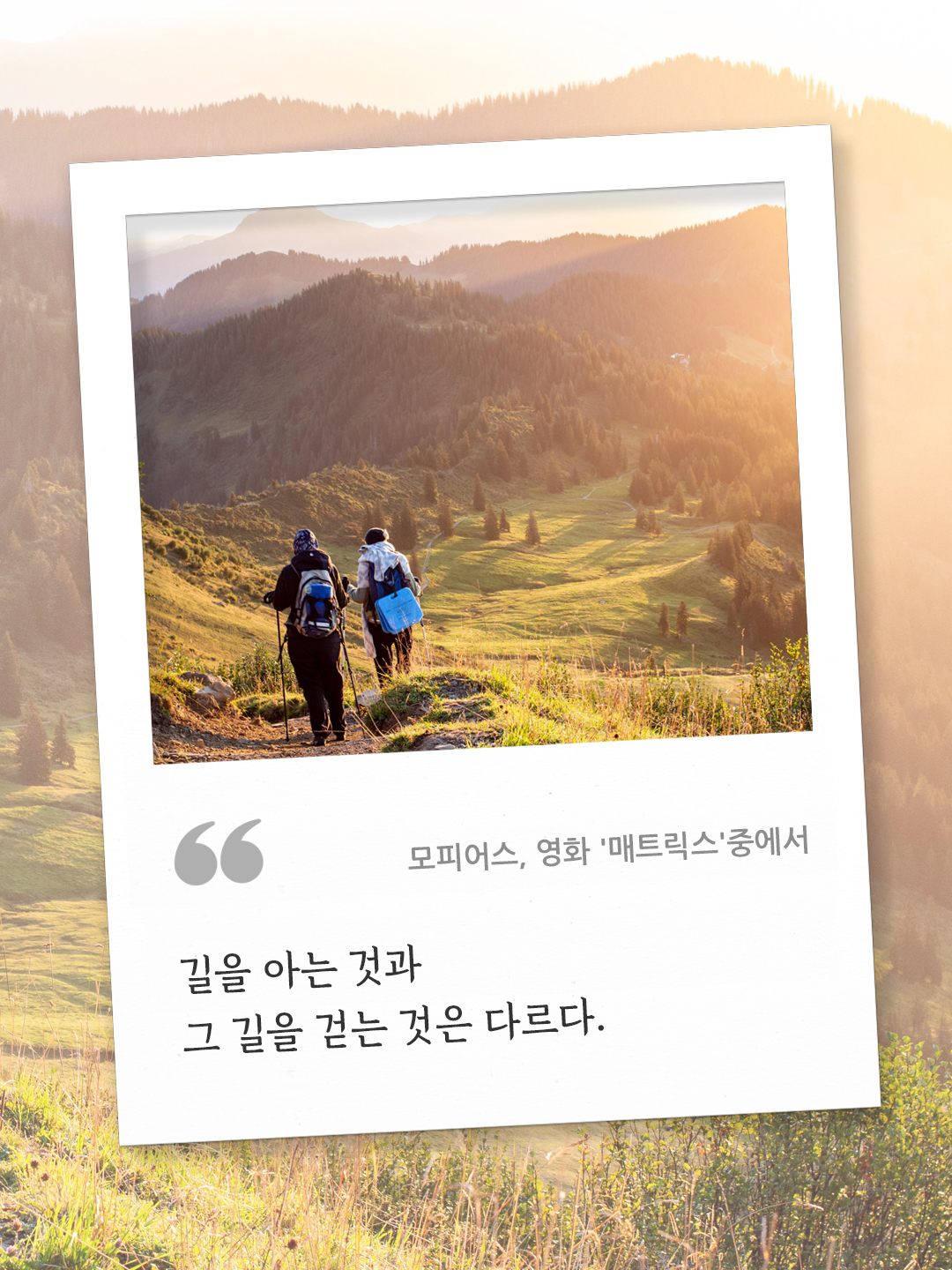 길을 아는 것과 그 길을 걷는 것은 다르다. (모피어스, 영화 '매트릭스'중에서) by 피어나네 오늘의 명언 좋은 글귀 이미지 다운로드