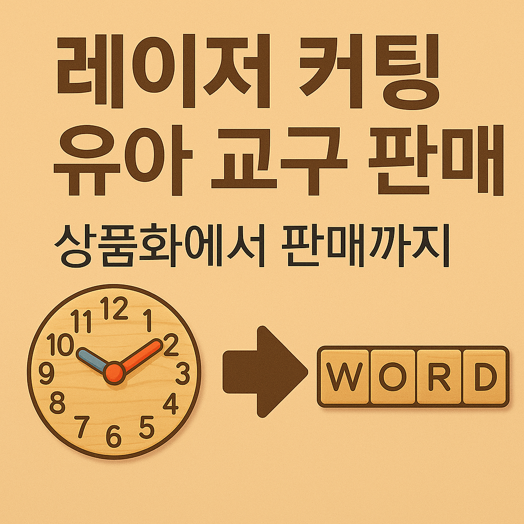 레이저 커팅 유아 교구 판매 가이드를 설명하는 썸네일 이미지. 나무 퍼즐, 시계 놀이, 감정 표현 교구 아이콘이 배치되어 있으며, &quot;레이저 커팅 교구로 수익 만들기&quot;라는 키워드 중심 문구가 포함된 따뜻한 감성의 인포그래픽 스타일 디자인.