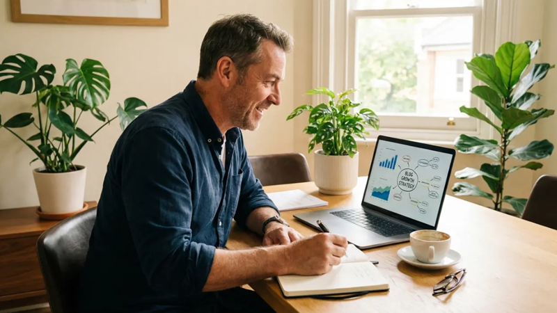 중장년 독자가 노트북으로 블로그 키워드 전략을 세우며 집중하는 모습