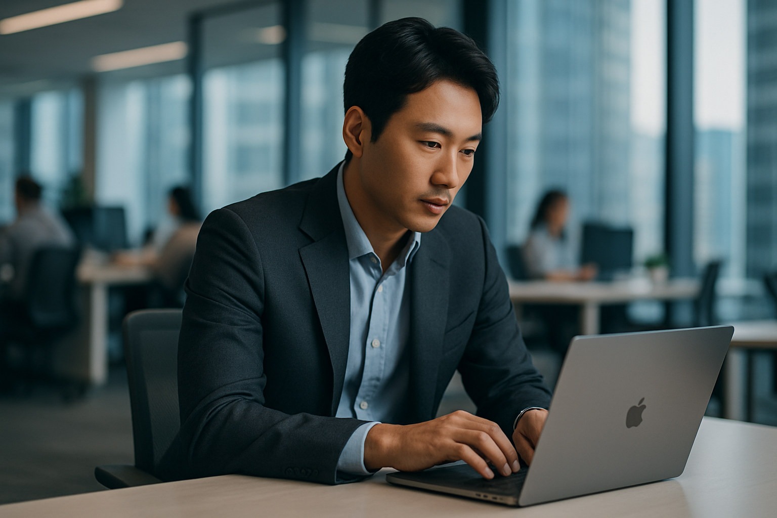 "휴가 후 일상복귀에 성공하여 활기차게 업무에 몰입하고 있는 사무실 직장인의 모습"