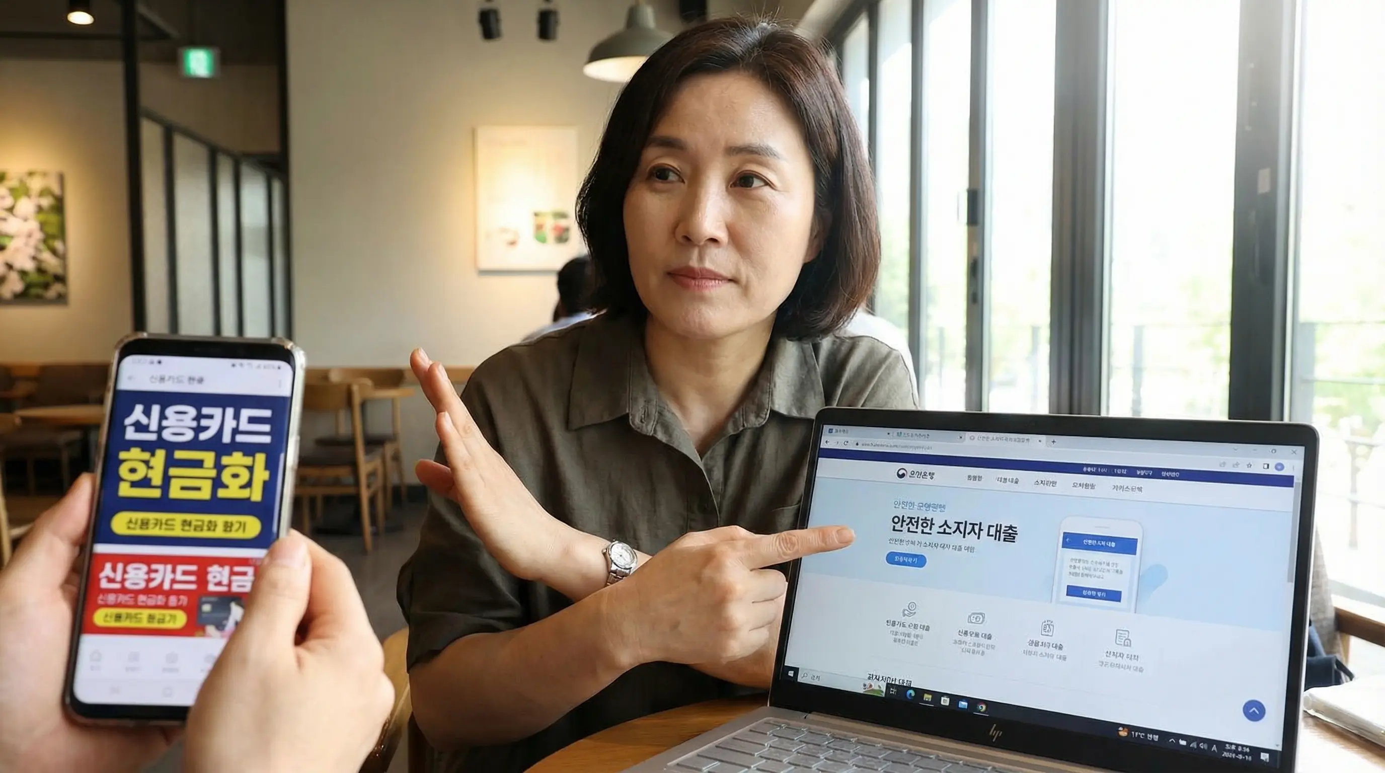 위험한 신용카드 현금화 유혹을 뿌리치고 안전한 소지자 대출을 선택하는 현명한 금융 소비자의 모습