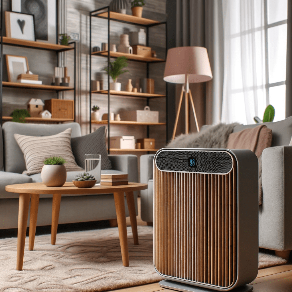 An image showing a modern air purifier in a cozy living room interior.