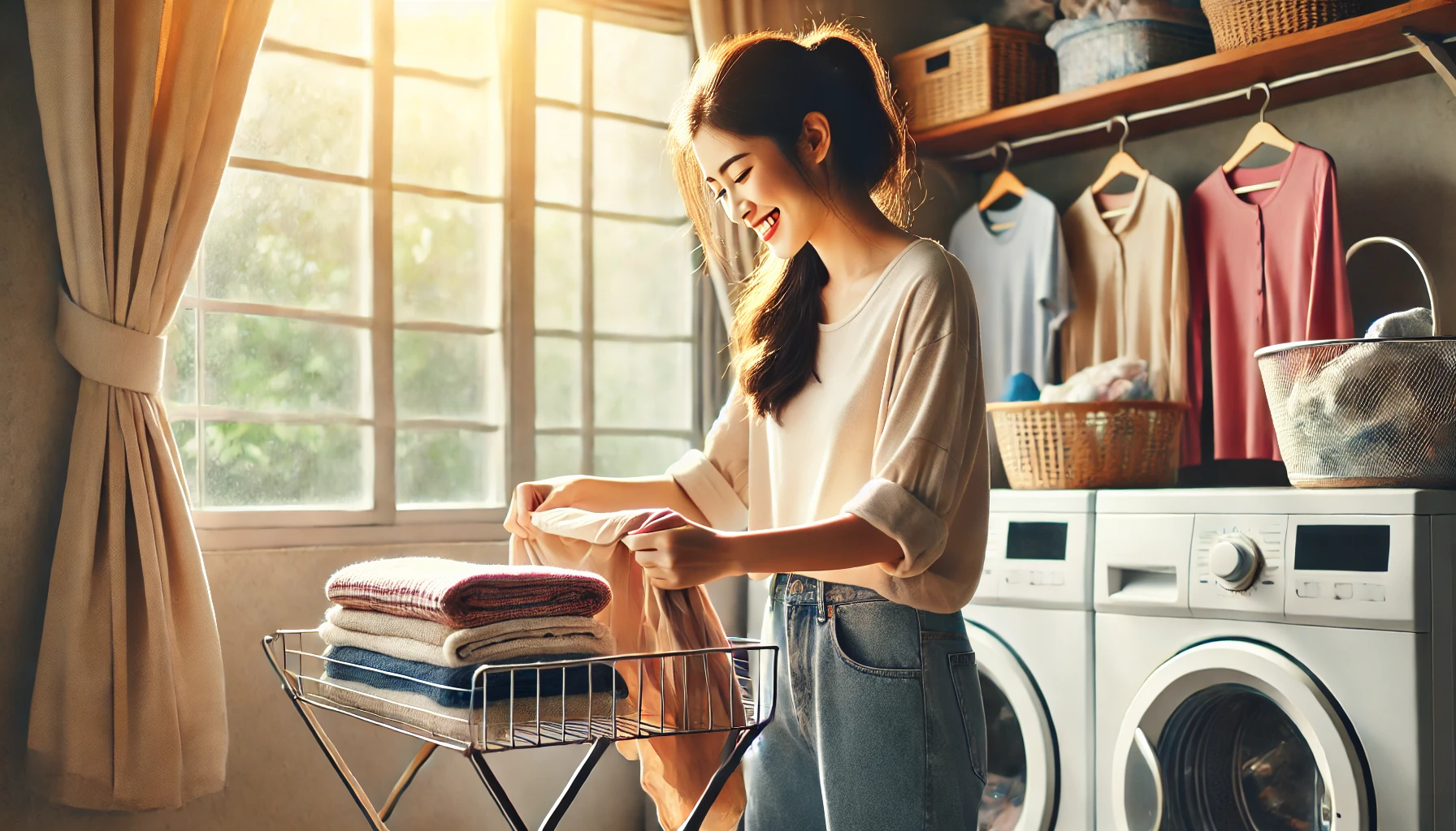건조 완료 후 빨래 걷는 장면