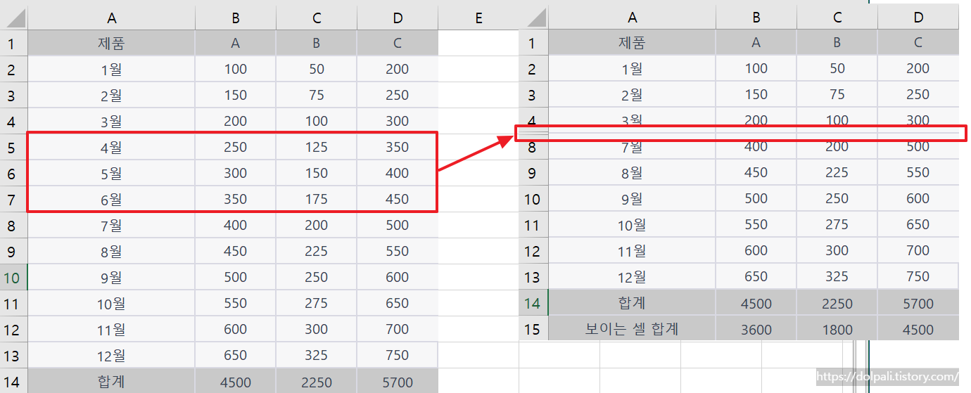 엑셀 숨기기-비교