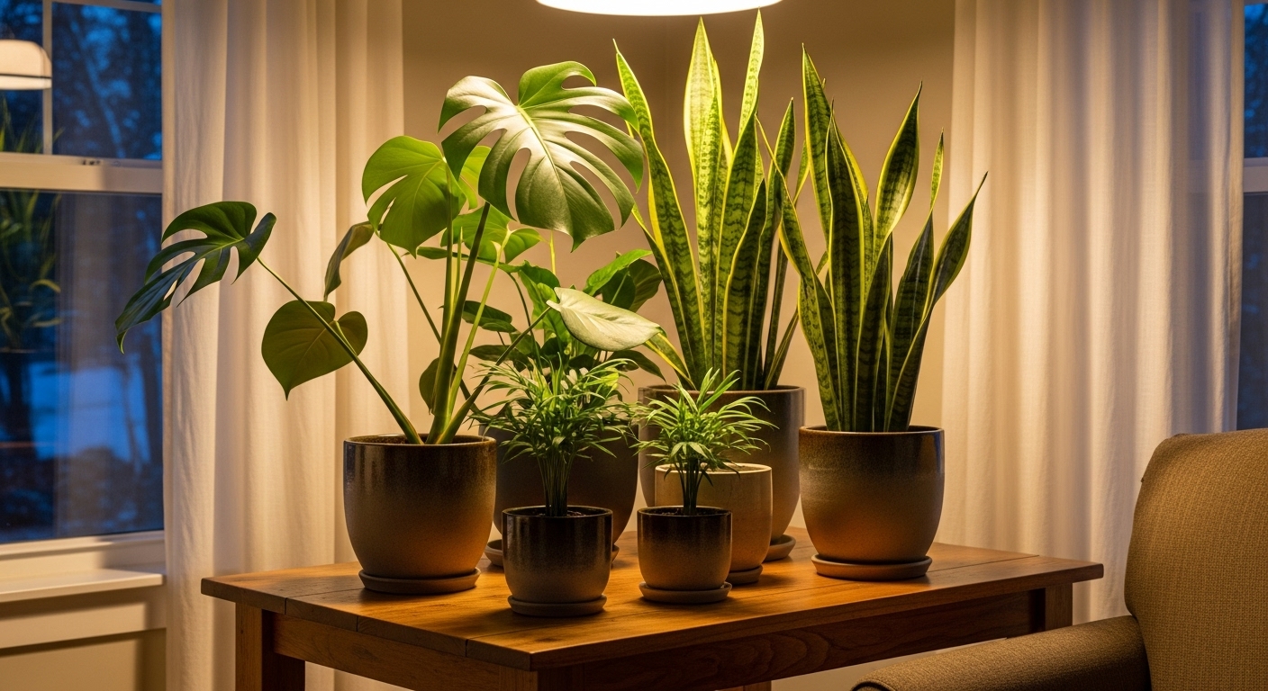 몬스테라, 산세베리아, 테이블 야자 등 추위에 강한 실내 식물들이 창가 나무 테이블에 놓여 있습니다. 밝고 아늑한 실내에서 푸르게 잘 자라는 모습입니다.