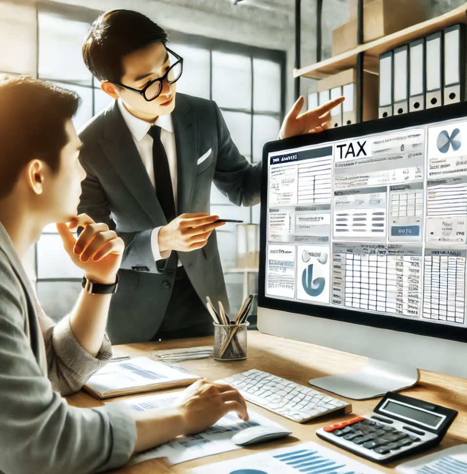 세금 소프트웨어를 활용해 세금 신고를 돕는 세무 전문가와 사업주.