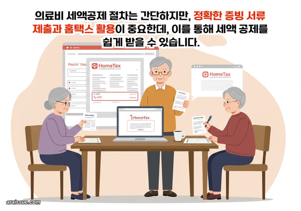 고령의 한국인들이 테이블에서 의료비 세액공제를 받기 위한 절차와 홈택스를 활용하는 방법에 대해 이야기하는 장면으로, 증빙 서류와 홈택스 활용의 중요성을 보여줍니다.