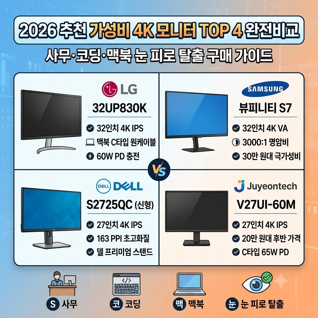 2026 가성비 4K 사무용 모니터 추천 TOP 4 LG 32UP830 삼성 뷰피니티 S7 델 S2722QC 주연테크 V28UE 비교 맥북 코딩 구매 가이드