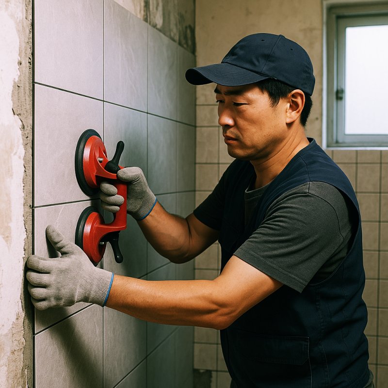 타일 작업을 하는 기술자