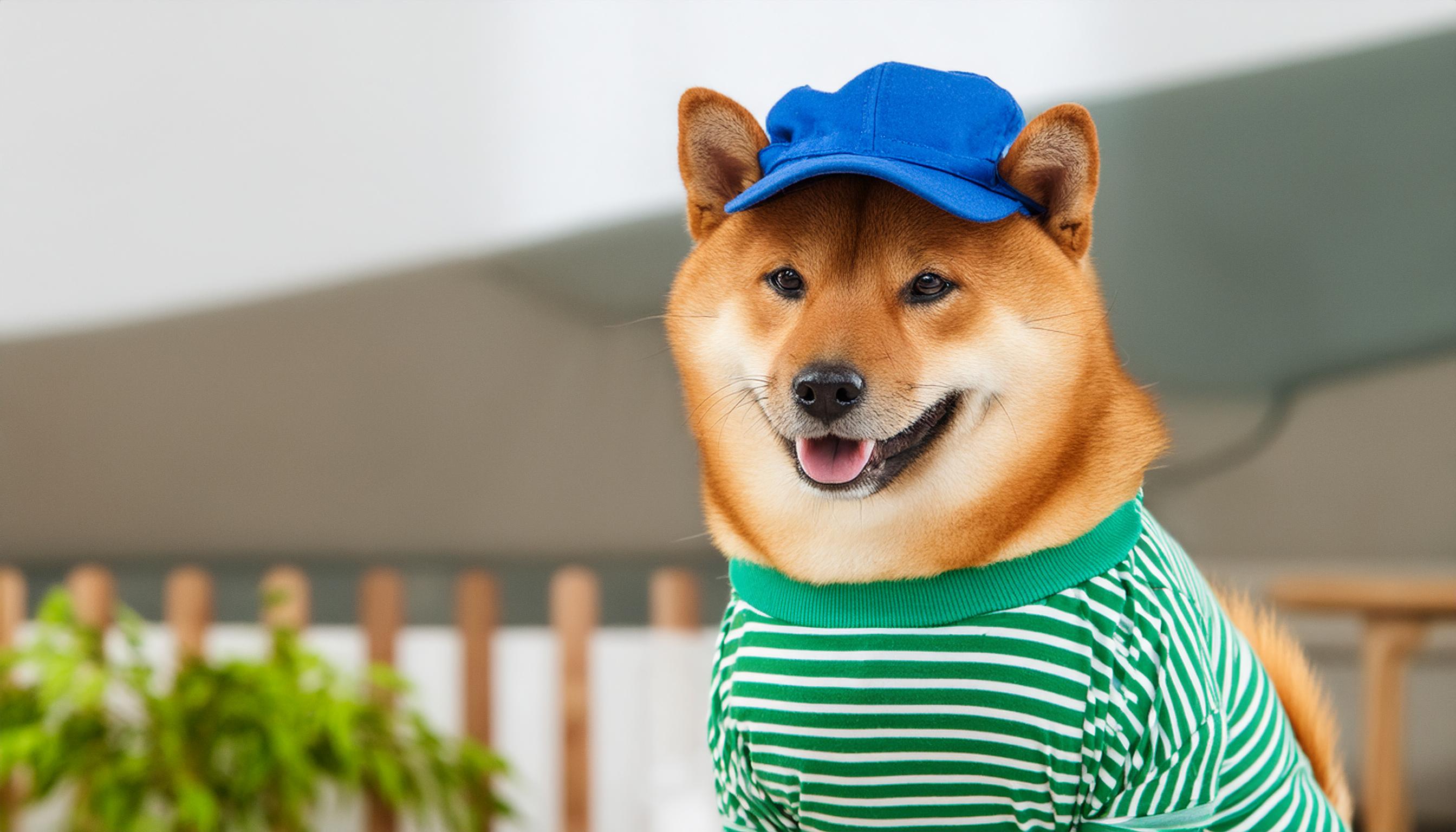 초록색 스트라이프 셔츠와, 파란색 캡 모자를 쓰고 있는 시바견