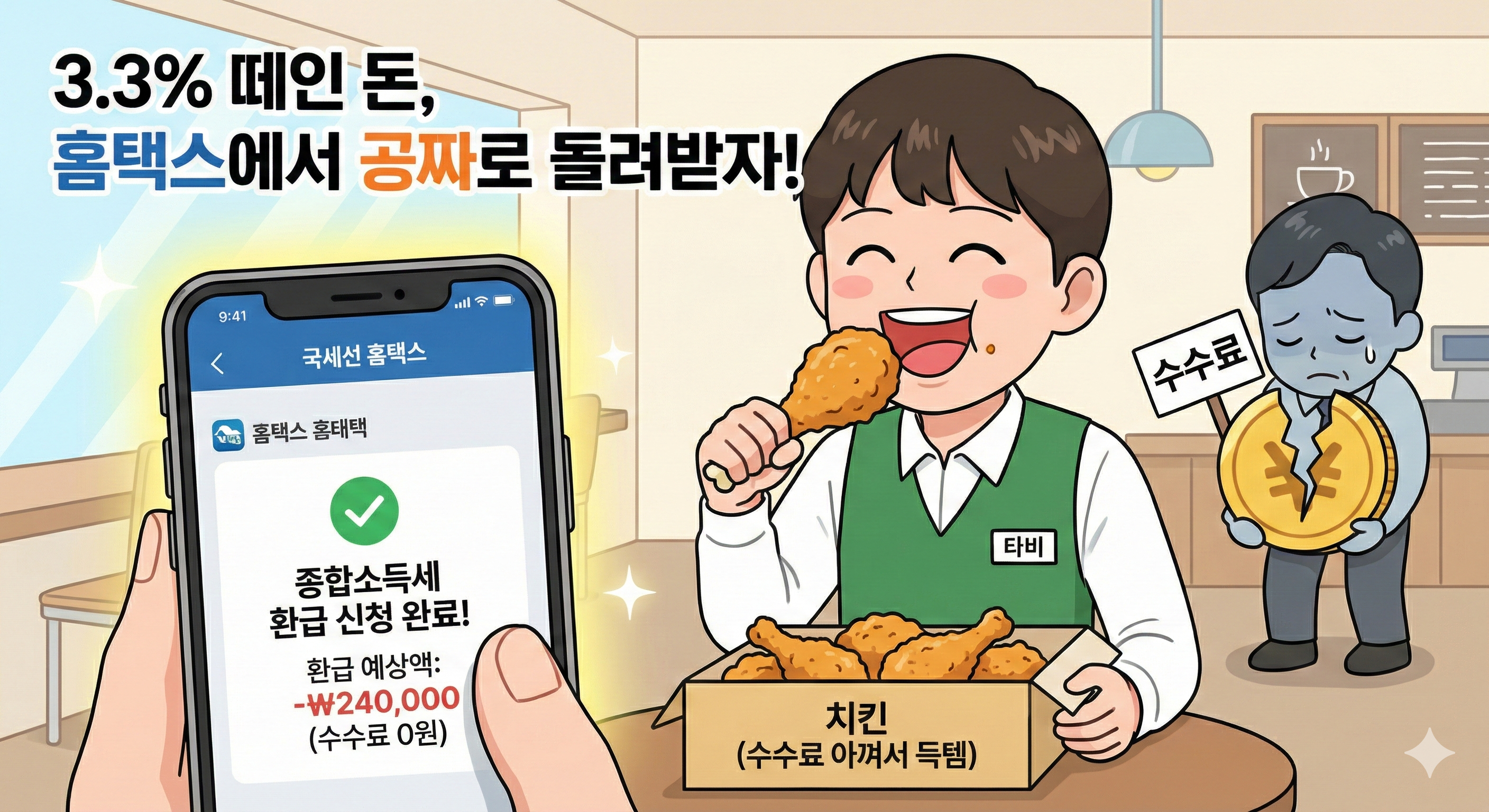 3.3% 종합소득세 홈택스 환급을 표현한 만화 일러스트. 화면 왼쪽에는 스마트폰이 크게 보이며 '종합소득세 환급 신청 완료! 환급 예상액: -240,000원 (수수료 0원)'이라는 화면이 떠 있다. 오른쪽에는 알바생 복장을 한 청년이 '치킨(수수료 아껴서 득템)' 상자에서 닭다리를 들고 환하게 웃으며 먹고 있다. 그 뒤로는 '수수료'라는 팻말과 함께 반으로 쪼개진 동전을 들고 우울해하는 남성의 모습이 대조적으로 그려져 있다. 상단에는 '3.3% 떼인 돈, 홈택스에서 공짜로 돌려받자!'라는 문구가 적혀 있다.