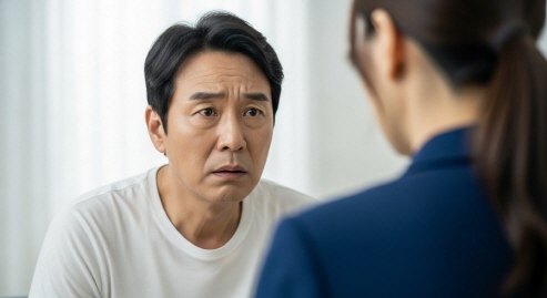 중년 남성이 긴장한 표정으로 드라마를 시청