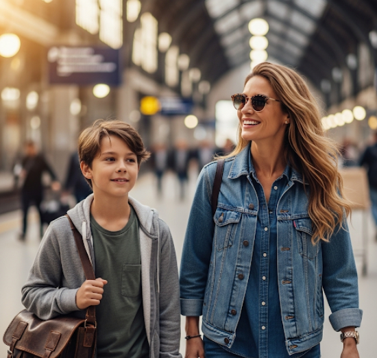 여행을 하는 아이동반을 한 엄마 모습
