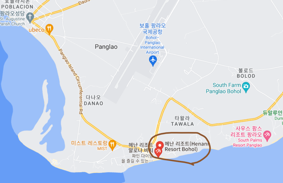 구글지도 필리핀 보홀 헤난리조트 위치