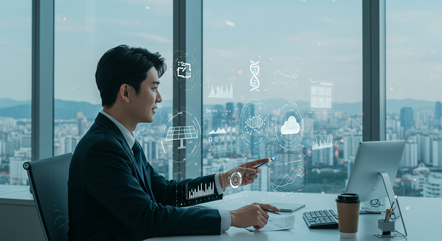 2025년 한국 증시에서 주목받는 에너지, 바이오, 클라우드 산업의 성장과 기술 발전을 상징하는 디지털 대시보드 이미지