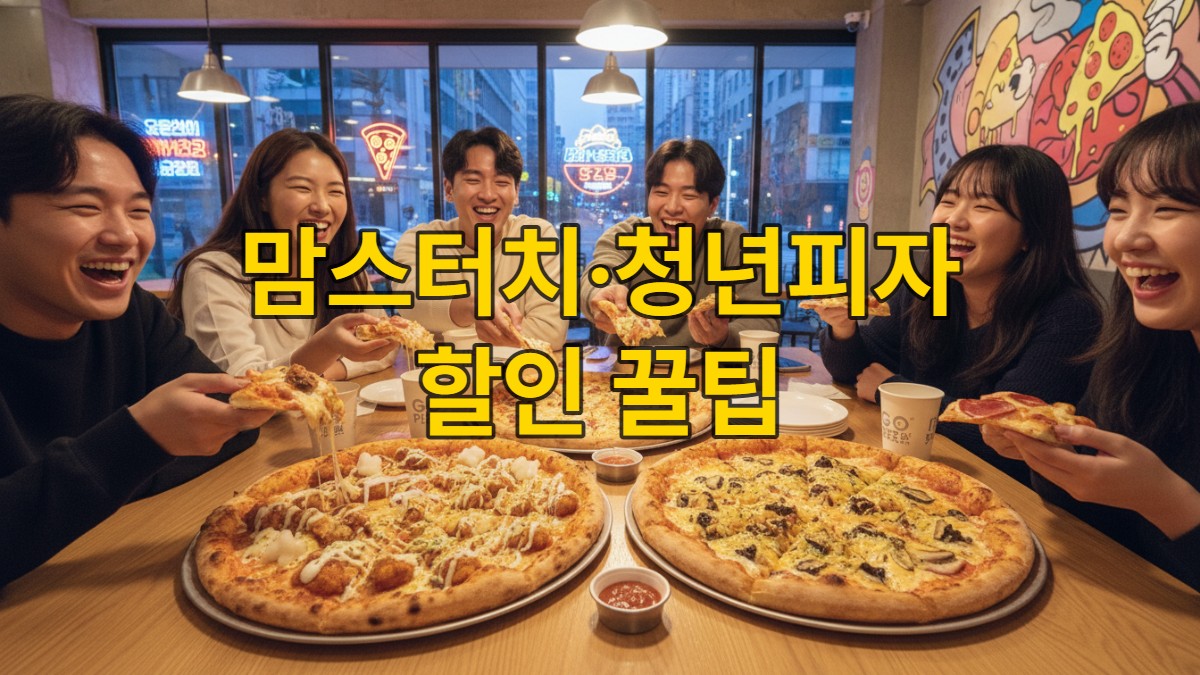 2026년 한국의 젊은 사람들이 맘스터치, 청년피자, 고피자 등 가성비 피자를 즐겁게 나눠 먹는 모습. 밝고 활기찬 분위기에서 다양한 피자를 맛보는 행복한 순간이 담겨 있습니다.