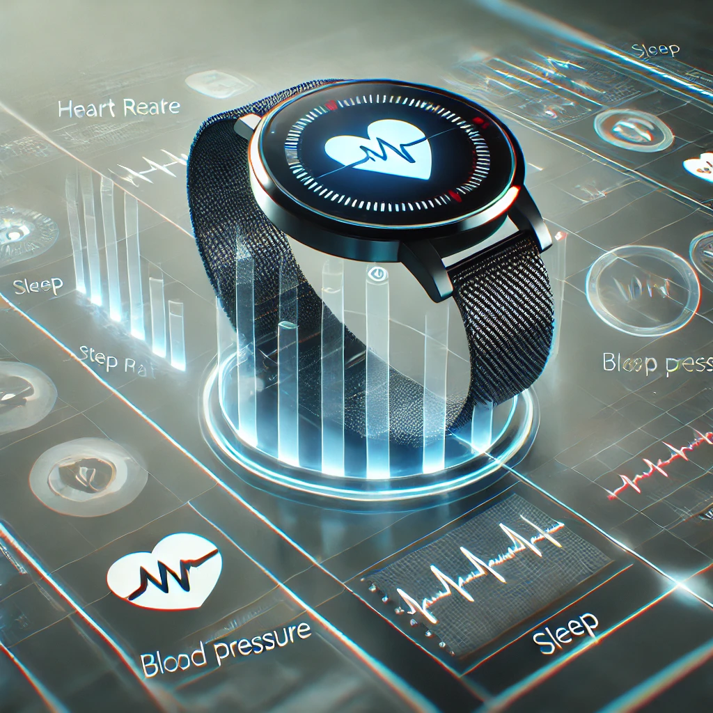 웨어러블 기기와 건강 데이터를 다룬 기술적인 이미지