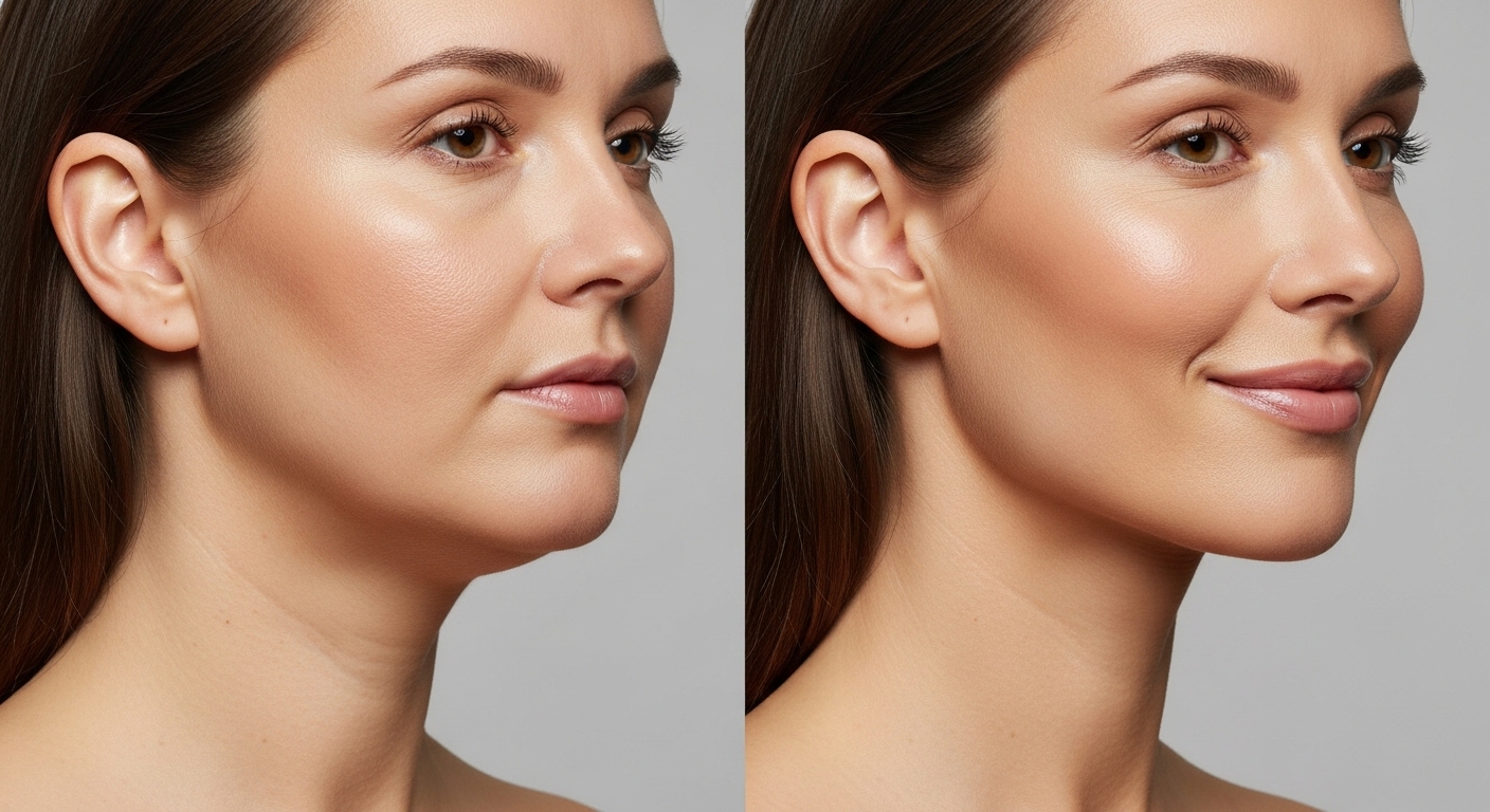 온다리프팅 시술 전후 이중턱 개선 및 얼굴 라인 탄력 증진 효과를 보여주는 비교 이미지.