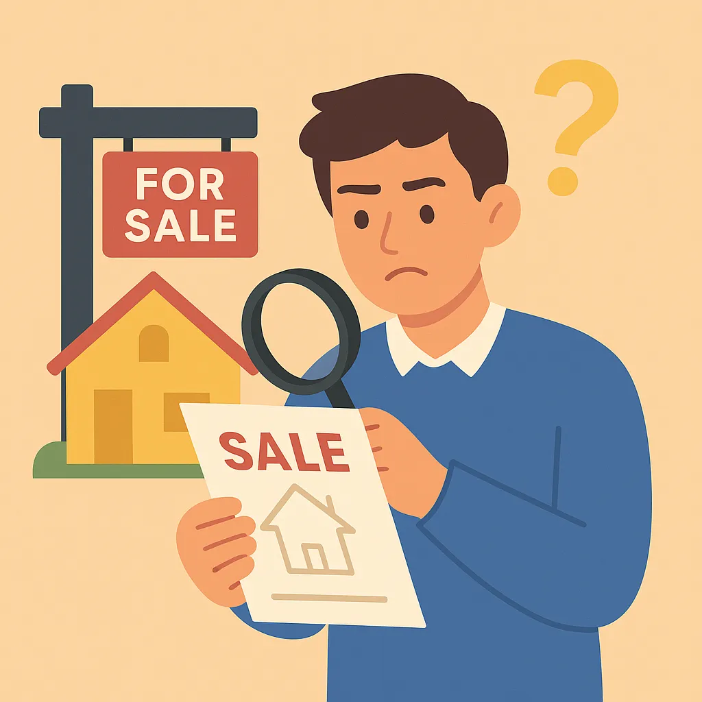 급매물 매물을 확대경으로 살펴보는 남성과 부동산 매물 표지판 일러스트