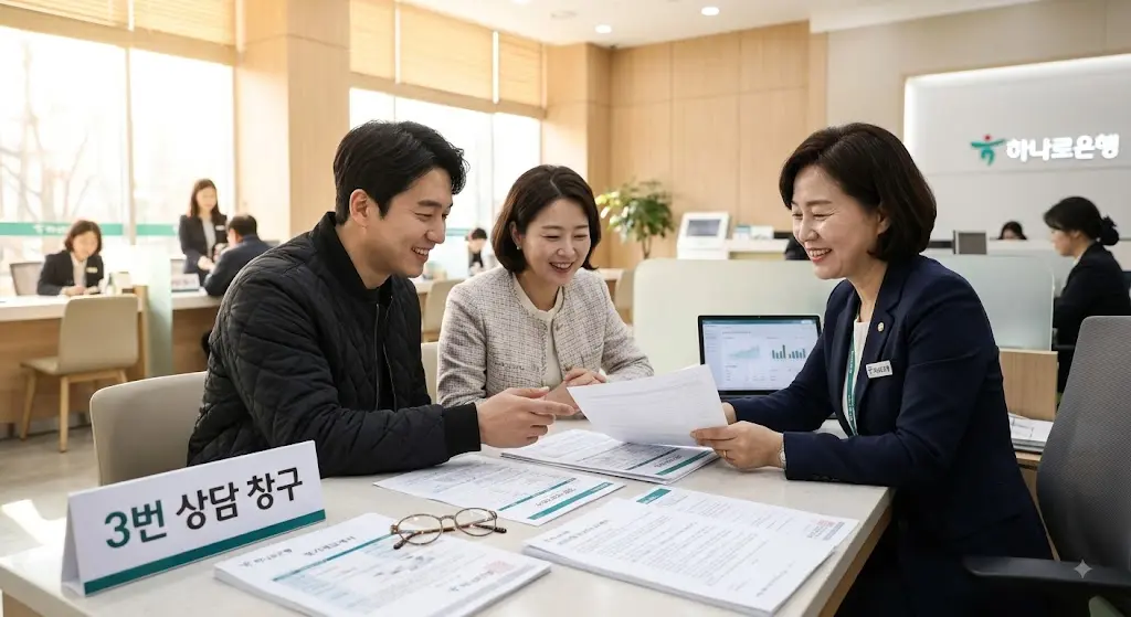 젊은 부부가 은행 창구에서 상담받는 모습, 밝고 따뜻한 분위기