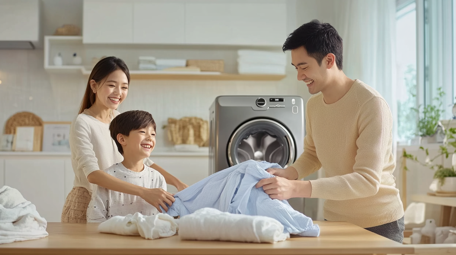 삼성 WD25DB8695BC 세탁기로 건조된 빨래를 정리하는 가족의 행복한 모습, 따뜻한 분위기의 세탁실.