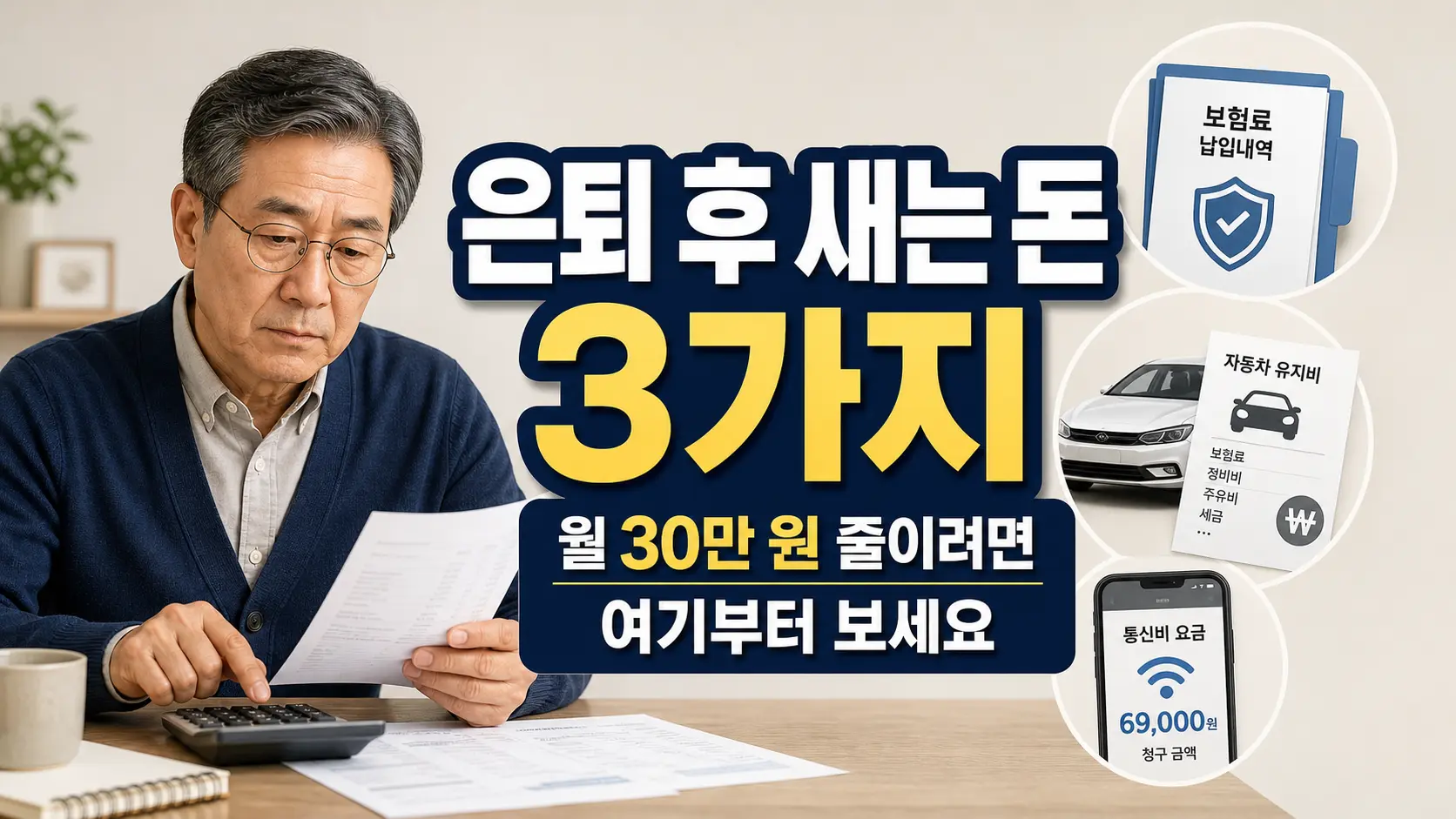 심각한 표정으로 계산기를 두드리며 지출 내역서를 확인하는 5060 은퇴자 남성의 모습. 중앙에는 '은퇴 후 새는 돈 3가지, 월 30만 원 줄이려면 여기부터 보세요'라는 텍스트가 크게 강조되어 있으며, 우측에는 고정지출 3대장인 보험료 납입내역, 자동차 유지비, 스마트폰 통신비 요금을 나타내는 아이콘이 나란히 배치되어 있는 썸네일 이미지.