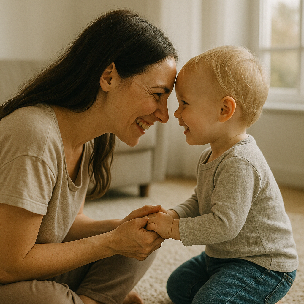 엄마와 눈맞춤 하며 즐거워 하는 아기 사진