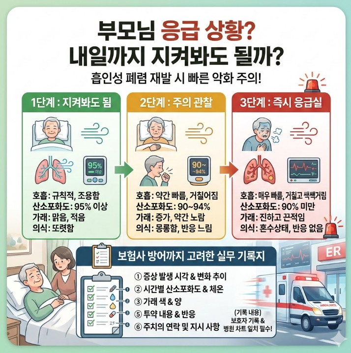 흡인성 폐렴 재발 시 보호자가 응급실 이송 여부를 판단하는 3단계 기준 인포그래픽, 호흡&middot;산소포화도&middot;의식 상태에 따른 대응 구분