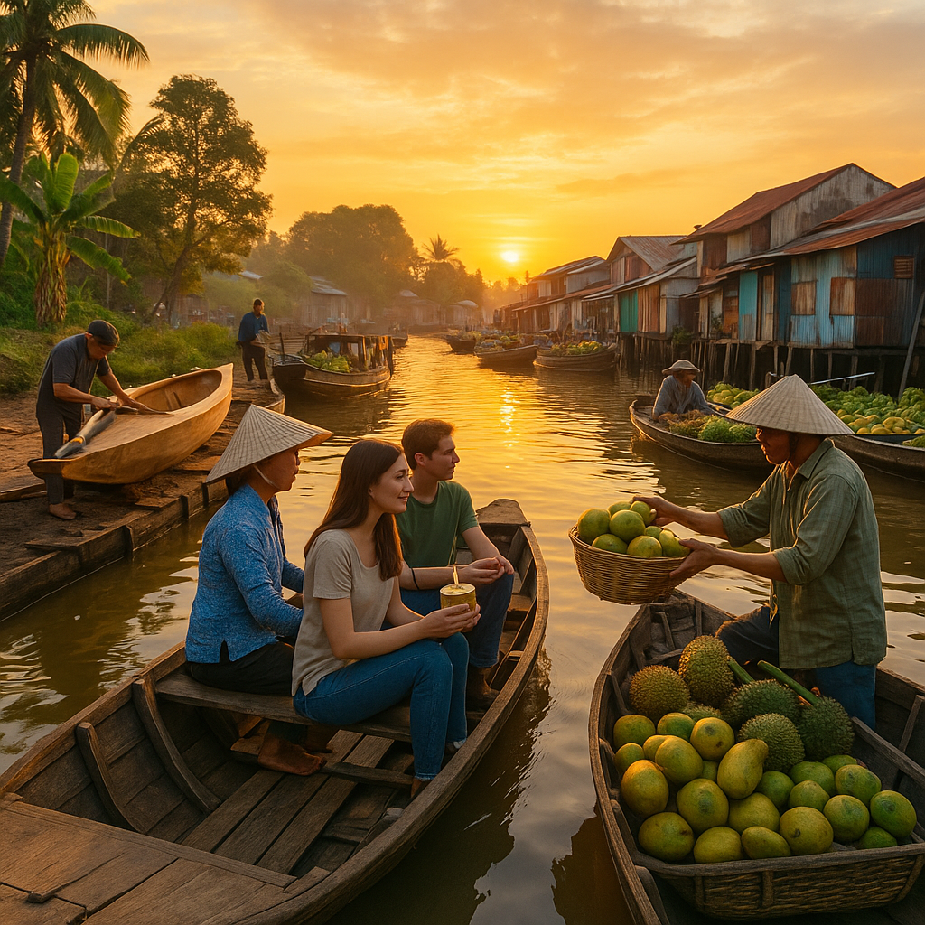 황금빛 새벽 햇살이 비추는 껀터 수상시장에서 관광객이 과일 보트 사이를 지나며 전통 보트 제작 시연을 지켜보는 장면